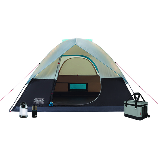 4-Person OneSource Dome Tent, 30-Can Klondike Soft Cooler, OneSource 600L Lantern, and OneSource Bluetooth Wireless Speaker