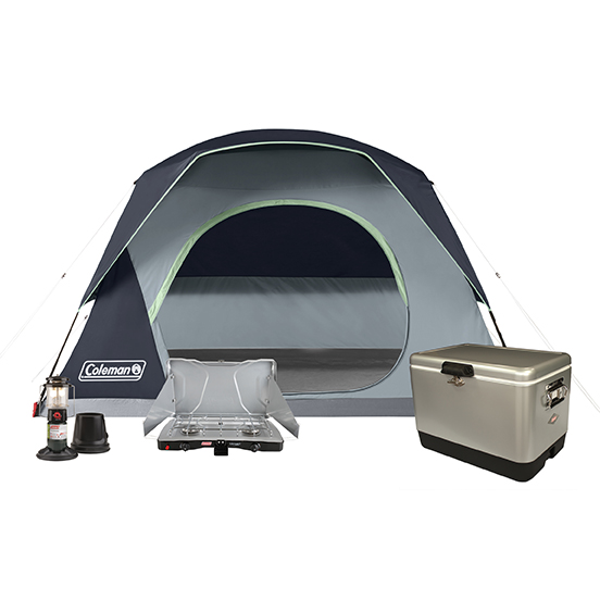 6-Person Skydome Tent, 54Qt Steel Belted Cooler, QuickPack Deluxe Propane Lantern, and 2-Burner Triton Propane Stove