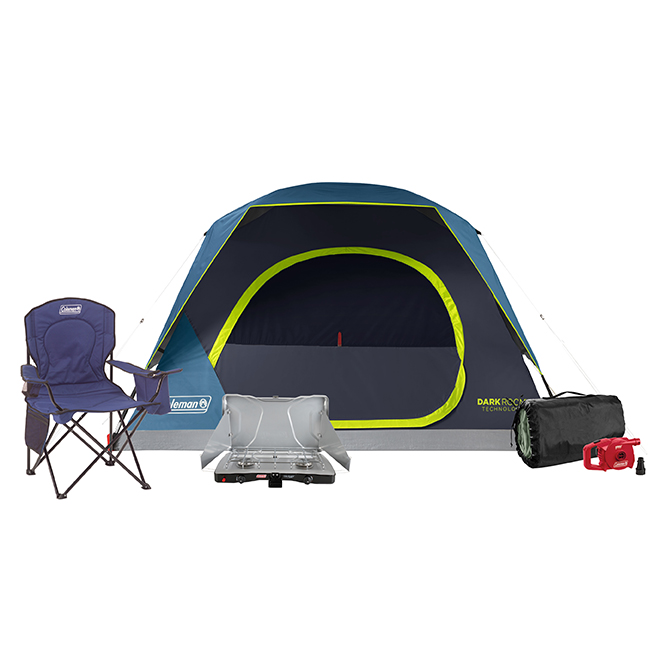 4-Person Skydome Darkroom, Blue Cooler Quad Chair, Queen Quickbed with pump, and 2-Burner Triton Stove.