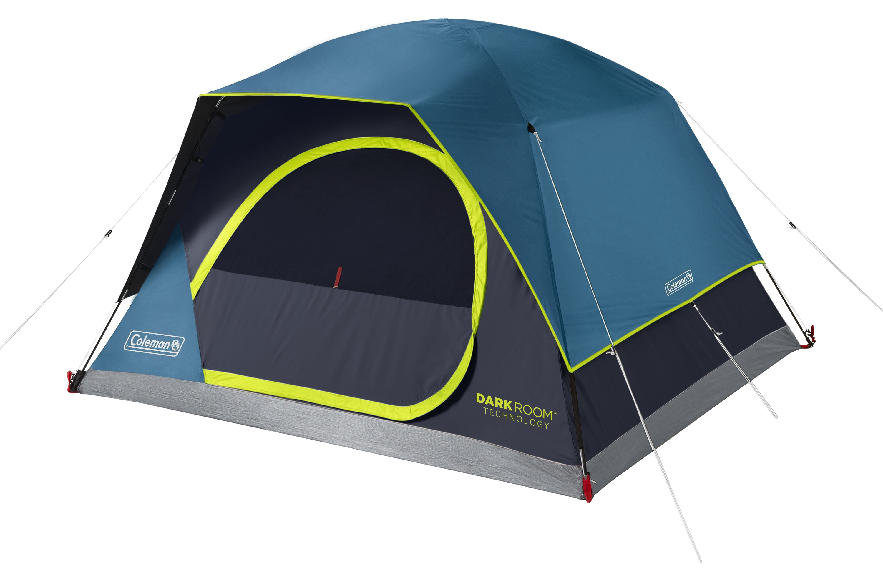 Blue 4-Person Coleman Dark Room Skydome Tent with screen print.